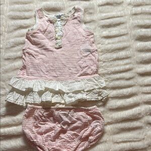 Ralph Lauren Pink Striped Ruffle Dress Set 6MO